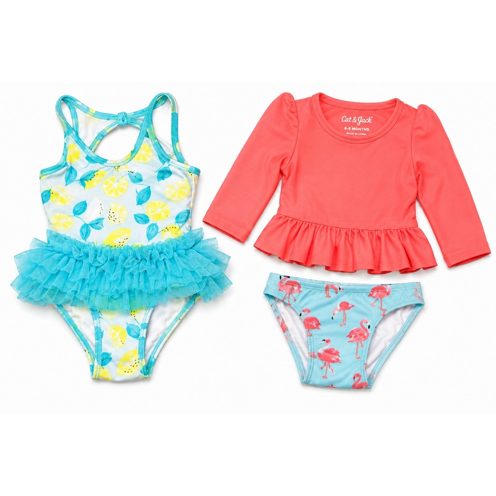 Set of 2 Cat & Jack Girls Swimsuit 6-9 Months Lemon Tutu & Flamingo Rash Guard
